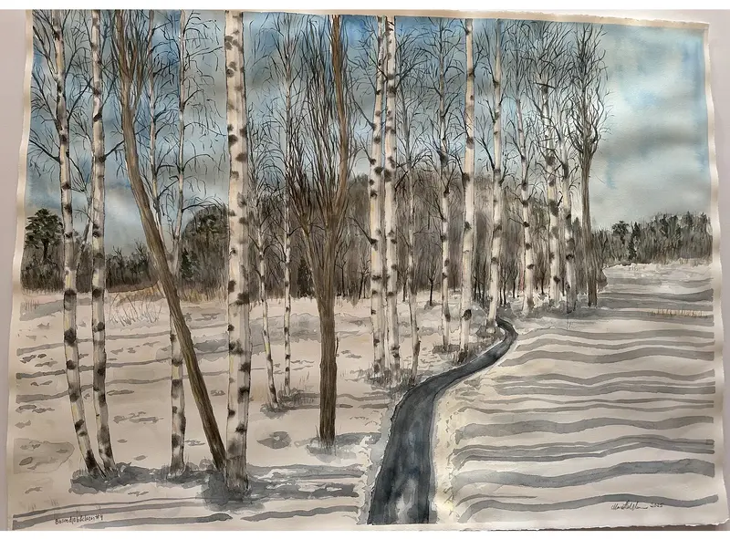 Akvarell Bosvedjebäcken #4 av Marie-Helén Andersson