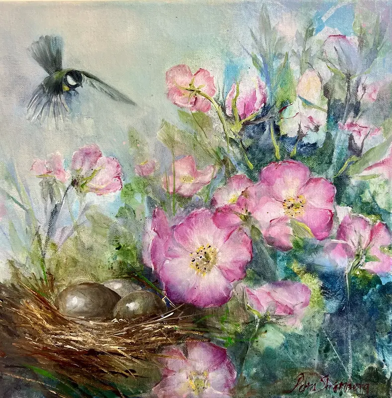 Oljemålning Fågelbo bland rosor av Petra Strömberg