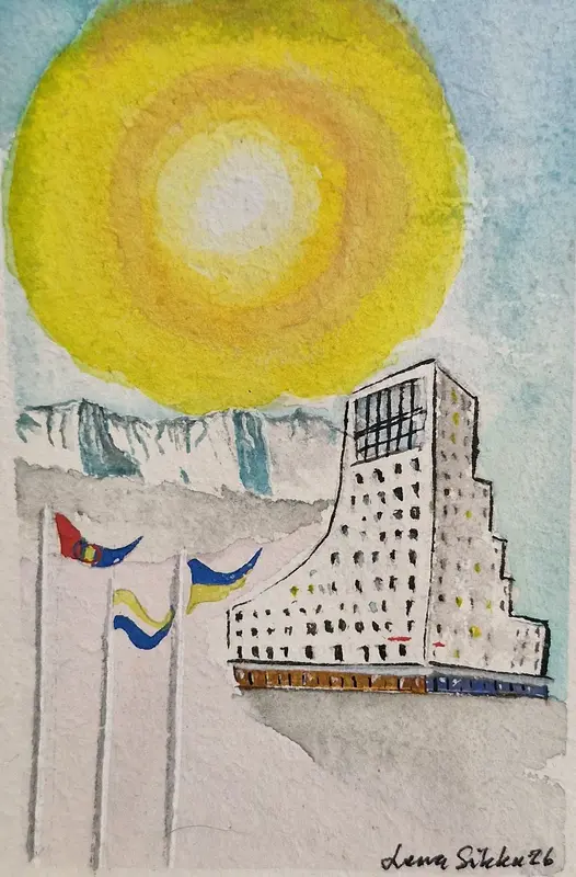 Akvarell Kiruna hotell Scandic med Kebnekaisemassivet av Lena Sikku