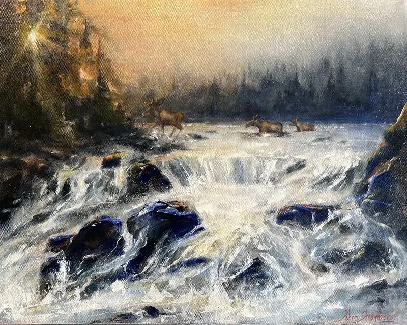 Oljemålning Älgvandring av Petra Strömberg
