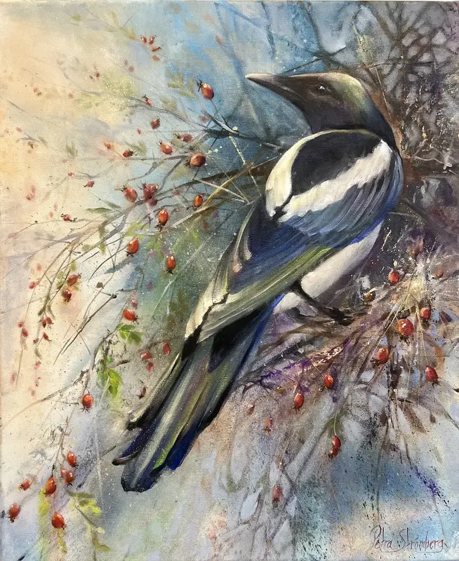 Oljemålning Skata i nyponsnår av Petra Strömberg