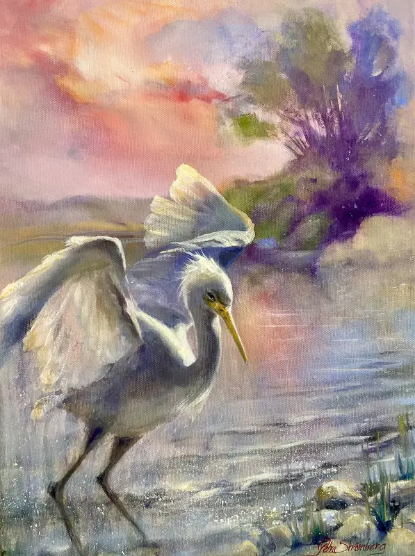 Oljemålning Solbadande snöhäger av Petra Strömberg