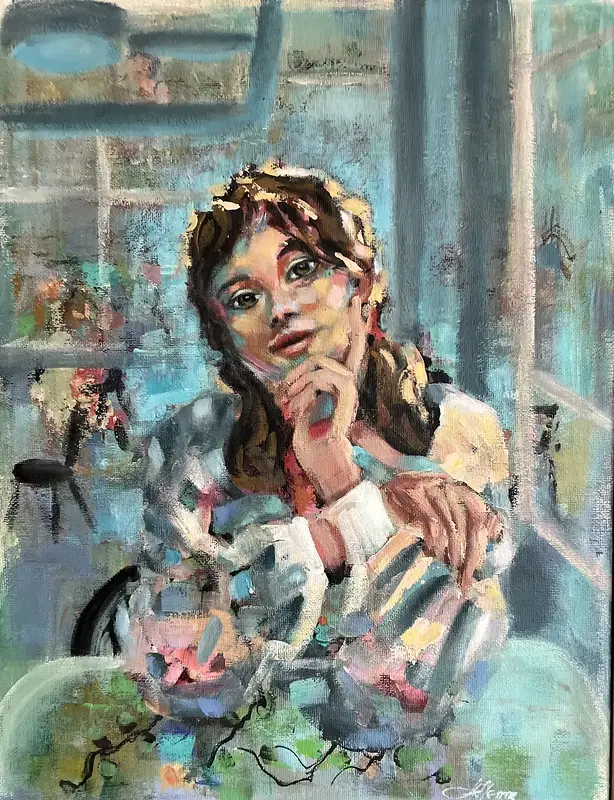 Akrylmålning Kaffestund på café – porträtt av Anzhelika Henne