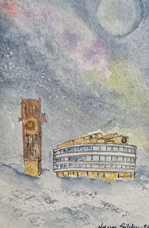 Akvarell Kiruna, Kristallen med klocktornet av Lena Sikku