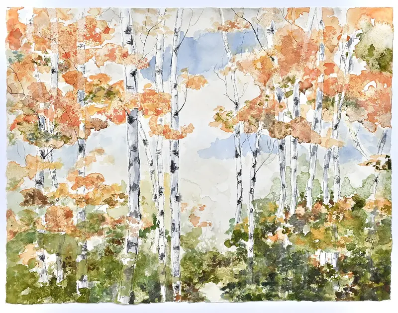 Akvarell Glada Björkar av Cécile Hansson