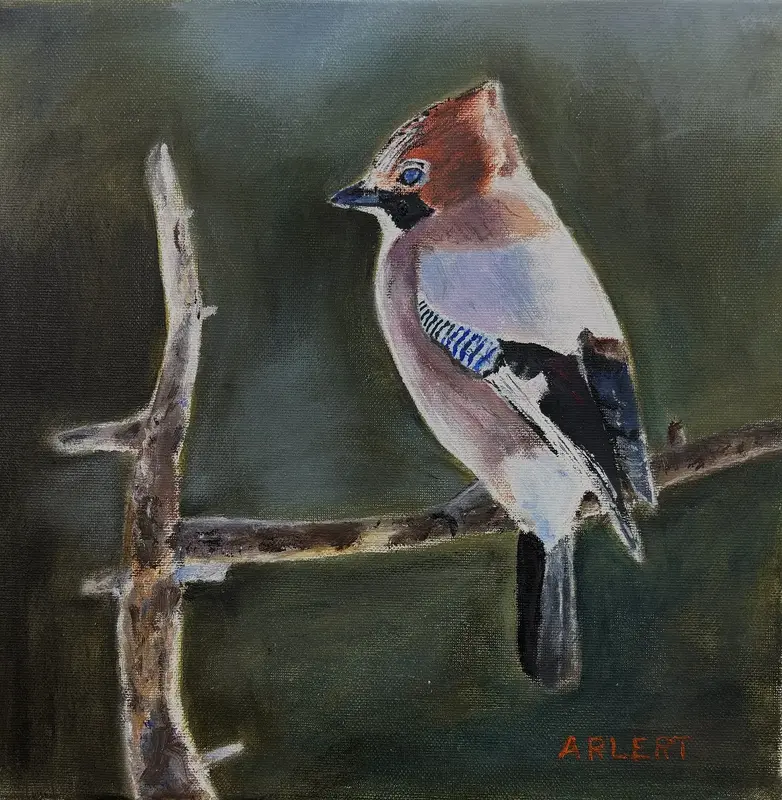 Oljemålning Nötskrika av Bertil Arlert