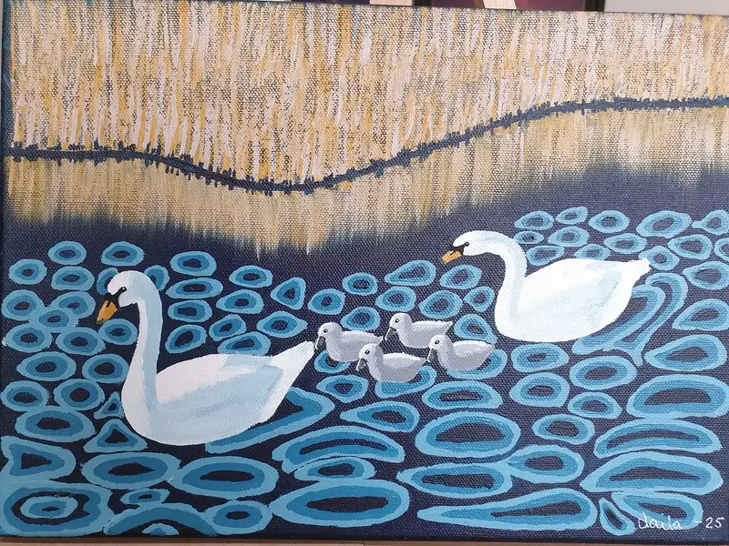 Akrylmålning Svanfamilj av Laila Malmborn
