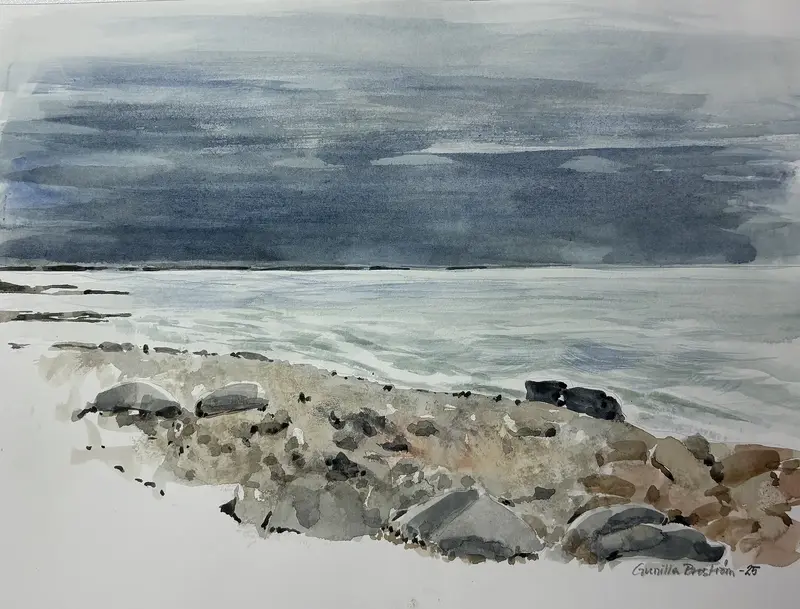 Akvarell Örskär strand av Gunilla Broström