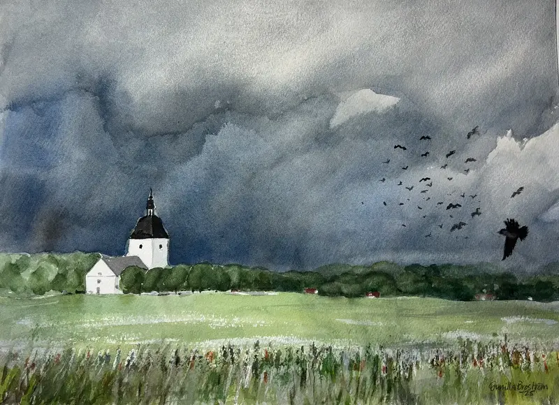 Akvarell Färentuna kyrka Ekerö av Gunilla Broström