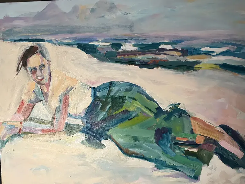 Oljemålning Britta på stranden en blåsig dag av Pia Hällström