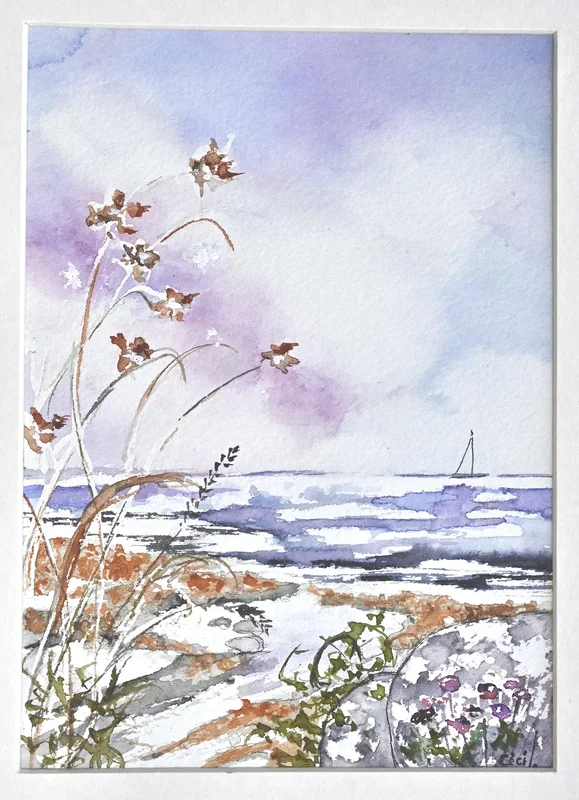 Akvarell Blomster vid Havet av Cécile Hansson