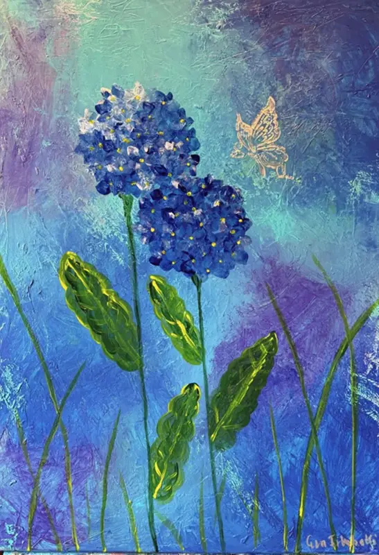 Akrylmålning Fjäril och hortensia av Eva Filubelli