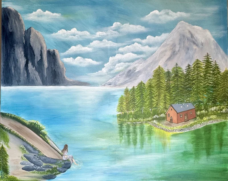 Akrylmålning Ett hem i naturens famn av Csilla Seres