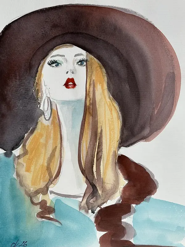 Akvarell Illustration av en kvinna i hatt av Olga Kharyakova