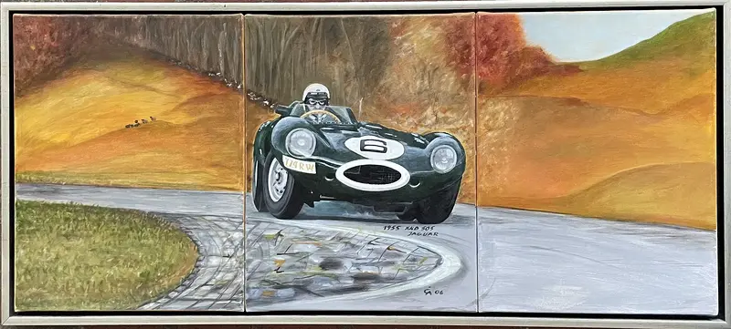 Oljemålning Jaguar XKD 1955 av Claes Åkerman