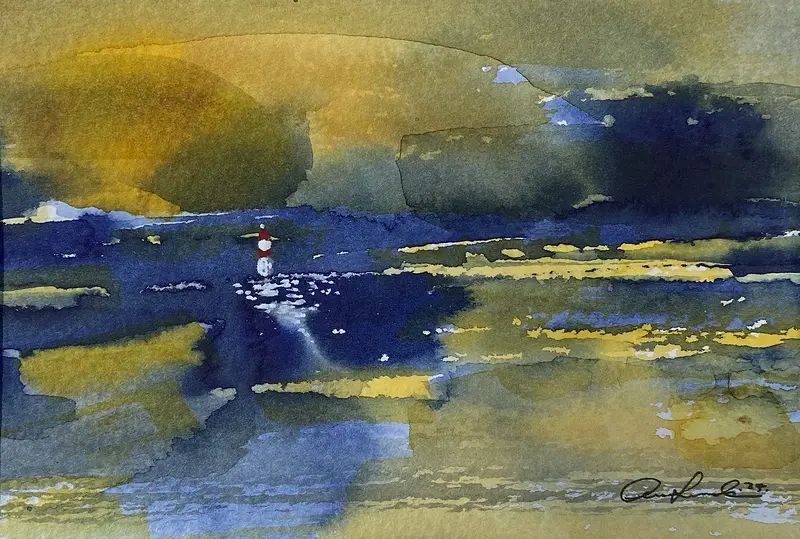 Akvarell Blue Sea - Red light No. 6 av Anna Lundin