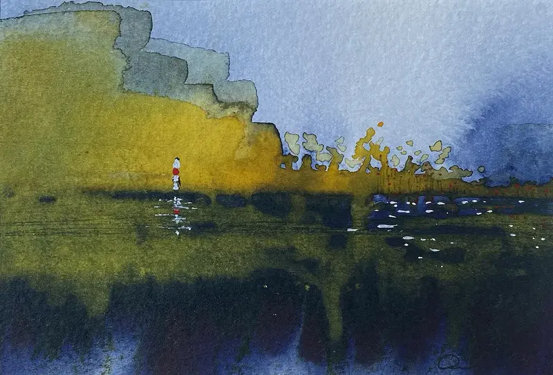 Akvarell Blue Sea - Red light No. 7 av Anna Lundin