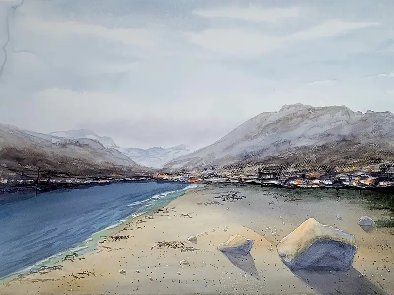 Akvarell Strand och fjäll av Lena Bovin Adolfsson
