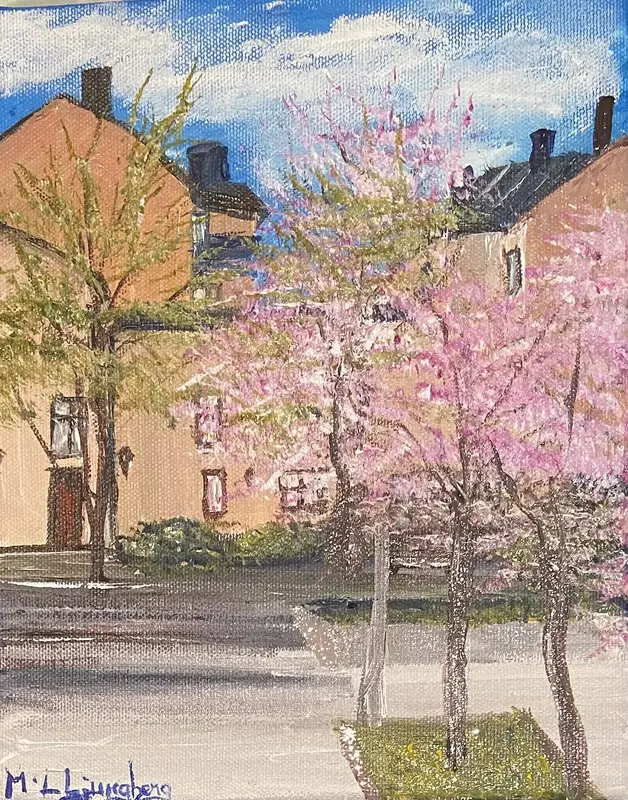 Akrylmålning Bysisparken om våren ( Södermalm) av Marie-Louise Ljungberg