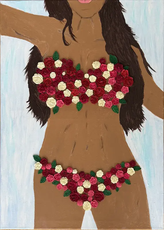 Akrylmålning Woman with a floral bikini av Janni Nilsson