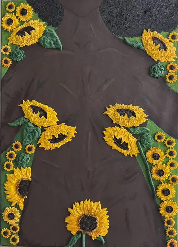 Akrylmålning Beauty on a bed of sunflowers av Janni Nilsson