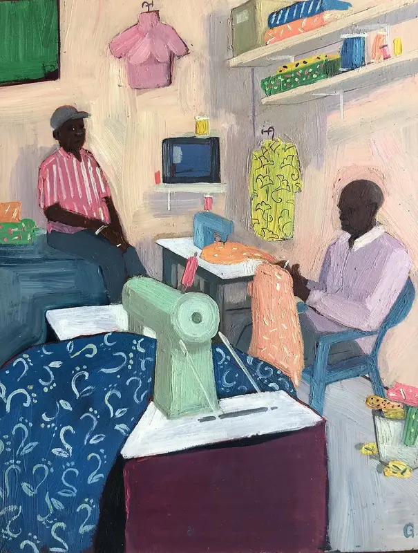 Oljemålning Chez le tailleur av Georgina McIntyre Malou