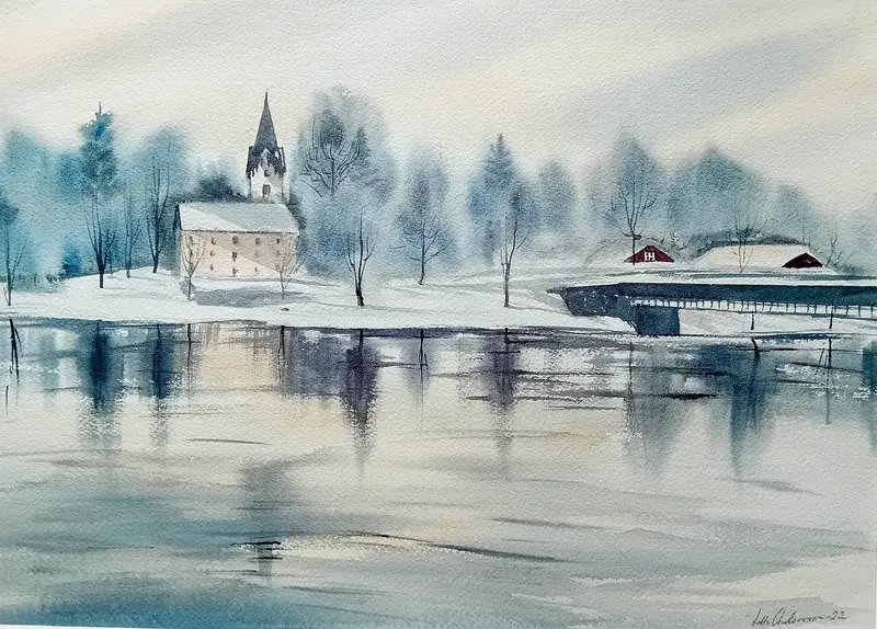Akvarell Kyrkbron av Lotta Andersson