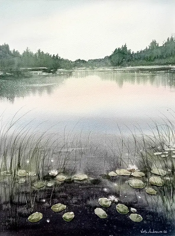Akvarell Näckrossjö av Lotta Andersson