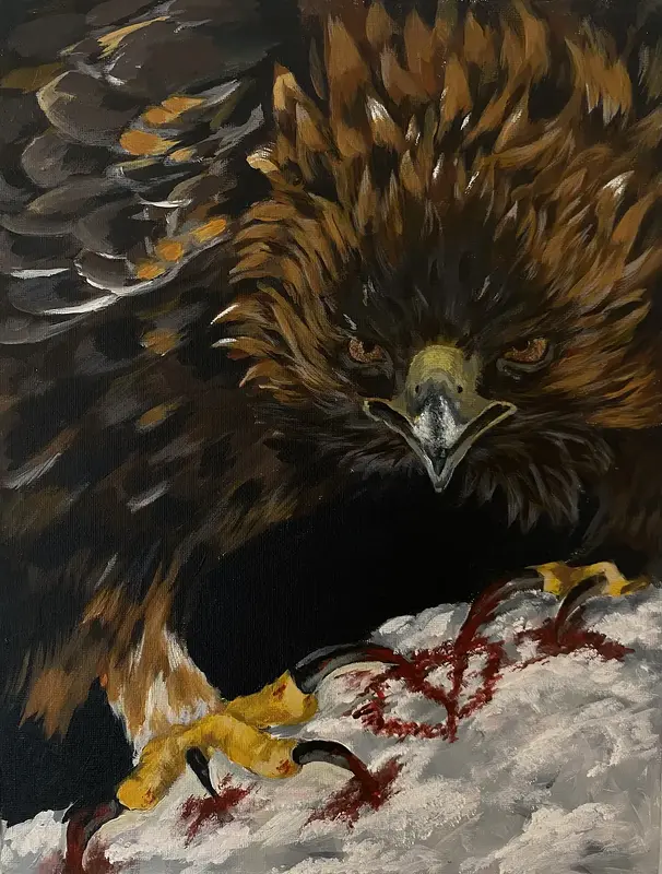 Akrylmålning A victim and a Culprit - Hawk av Margo Khasbazar