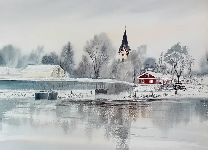 Akvarell Kyrkbron, Avesta av Lotta Andersson
