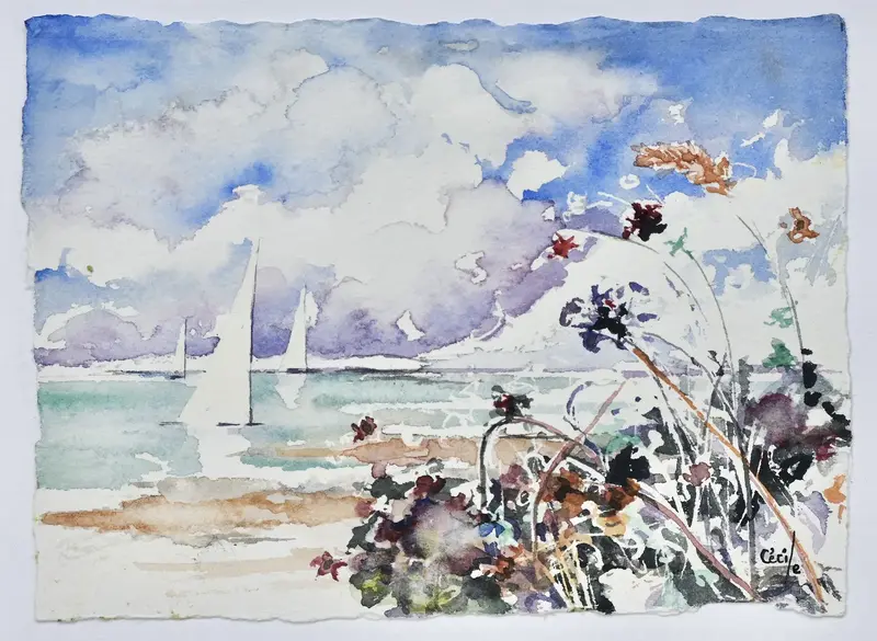 Akvarell Lila Stranden av Cécile Hansson