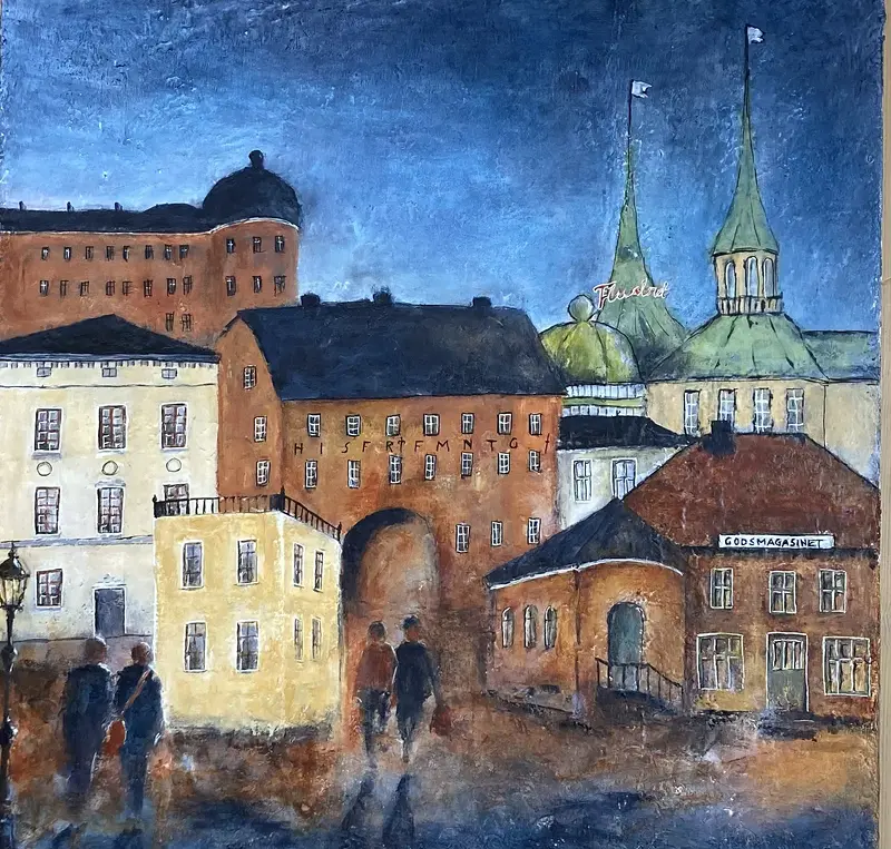 Akrylmålning GODSMAGASINET av Rose-Marie Lyckebrant-Lindqvist