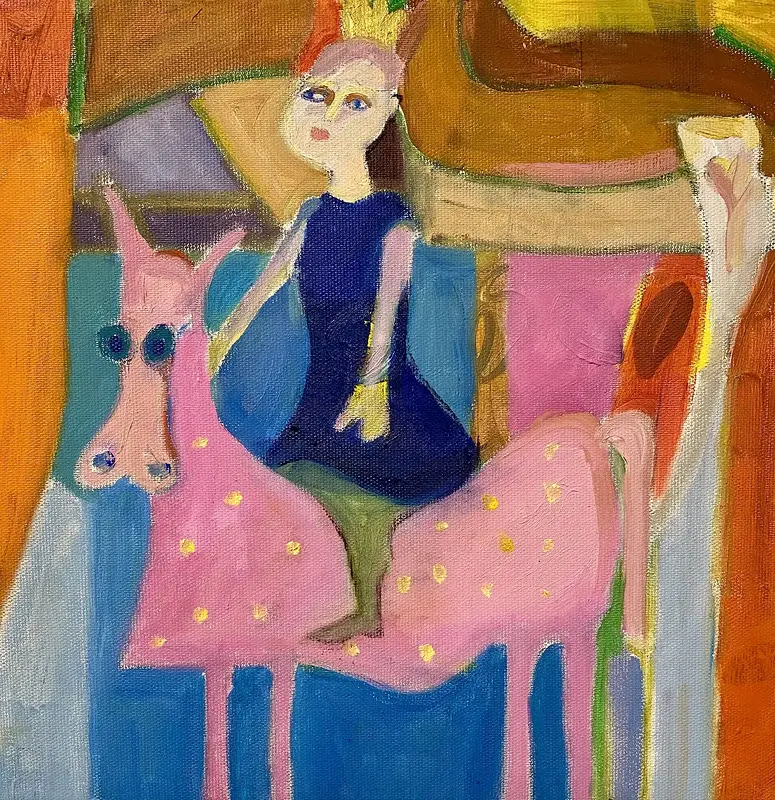 Oljemålning Den rosa hästen! av Fia Kvissberg