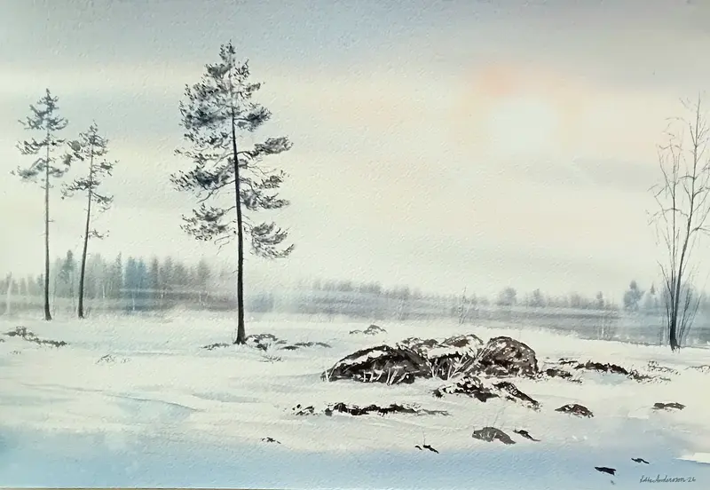 Akvarell Morgonljus över kohagen, Pellbo av Lotta Andersson