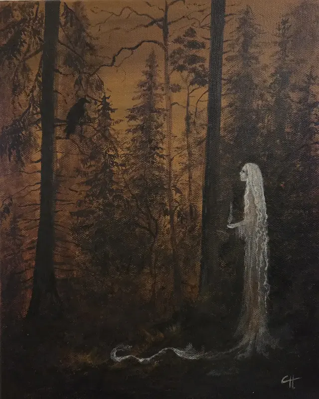 Akrylmålning Väsen i mörk skog av Catharina Holmberg