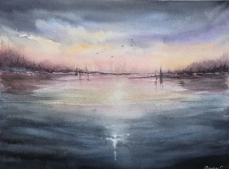 Akvarell Where light find stillness av Pernilla Carlsson