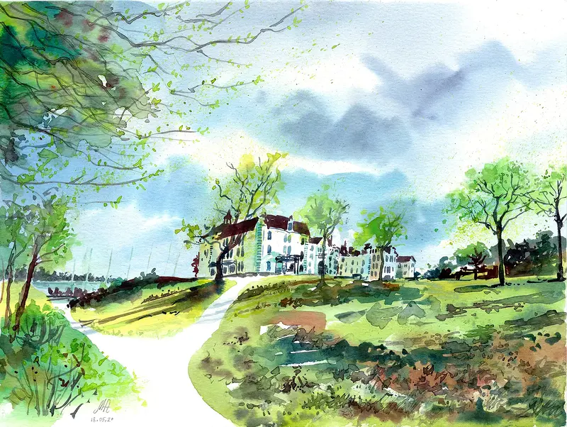 Akvarell Saltsjöbaden in spring av Anastasiia Mazeina