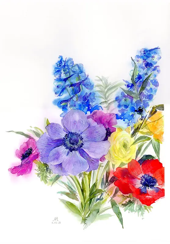 Akvarell Bright bouquet av Anastasiia Mazeina