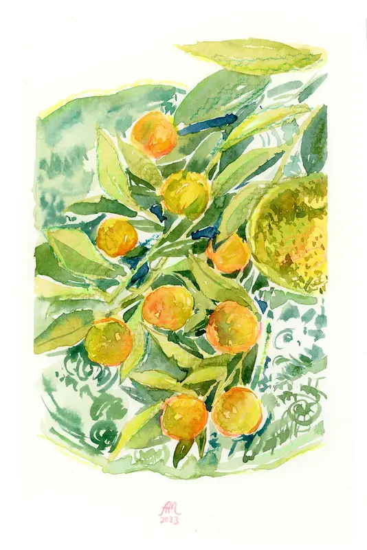 Akvarell Oranges av Anastasiia Mazeina