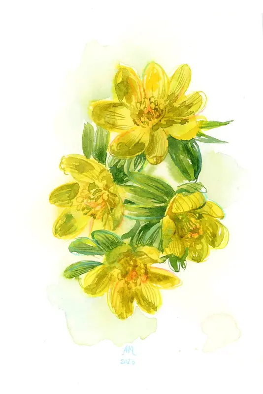 Akvarell Golden flowers av Anastasiia Mazeina