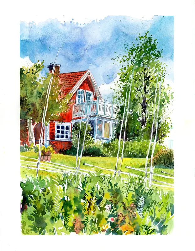 Akvarell Summer in Lofsdalen av Anastasiia Mazeina