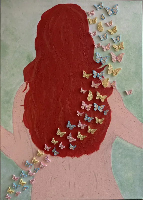 Akrylmålning Fire hair and golden butterflies av Janni Nilsson