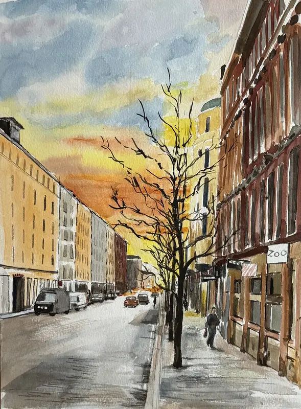 Akvarell Soluppgång Hornsgatan av Gunilla Broström