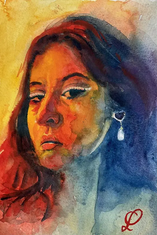 Akvarell Damen med pärlörhänget av Christina Lilith Art