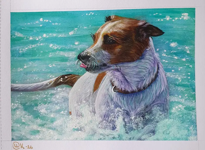 Akrylmålning Swimming dog av Camilla Karlsson