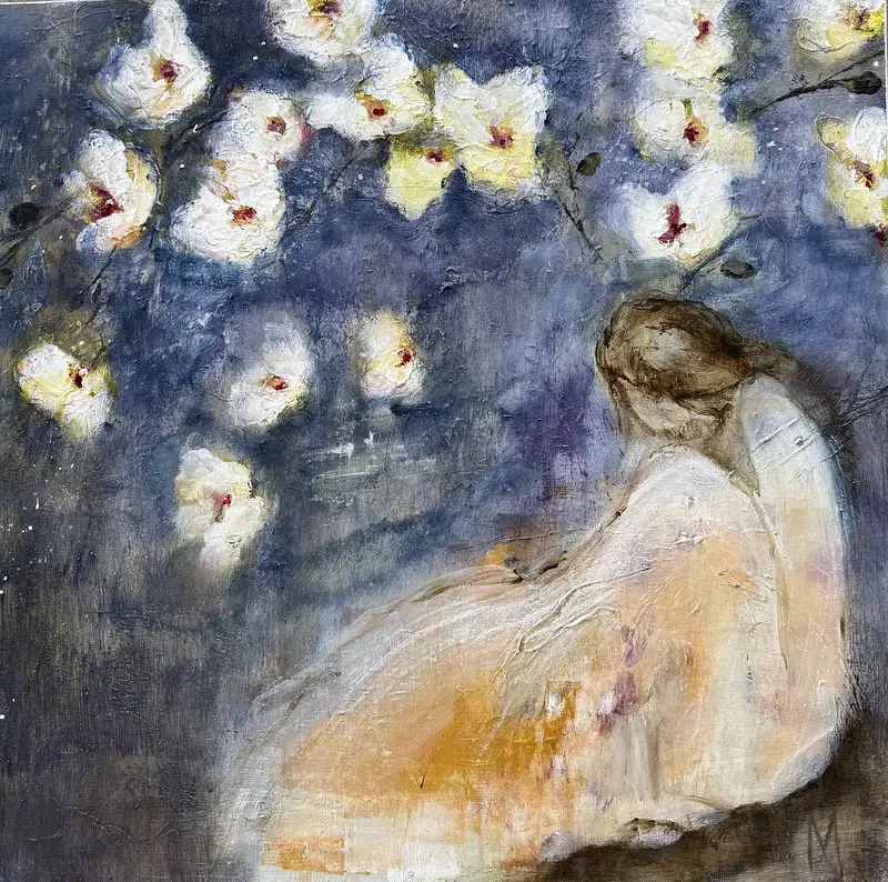 Akrylmålning Girl under blossom tree av Annette MA Stocker