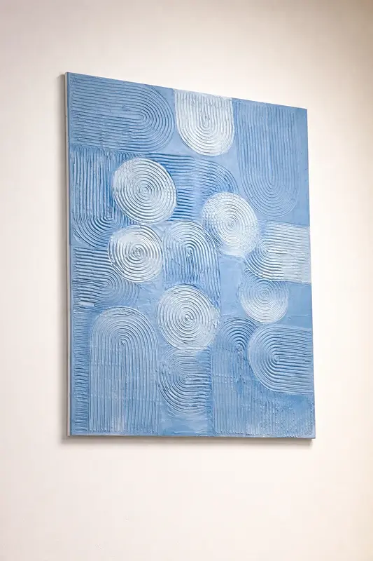 Abstrakt strukturmålning i blå/vit – modern texturkonst 70x100 cm av Romina Nakhaei
