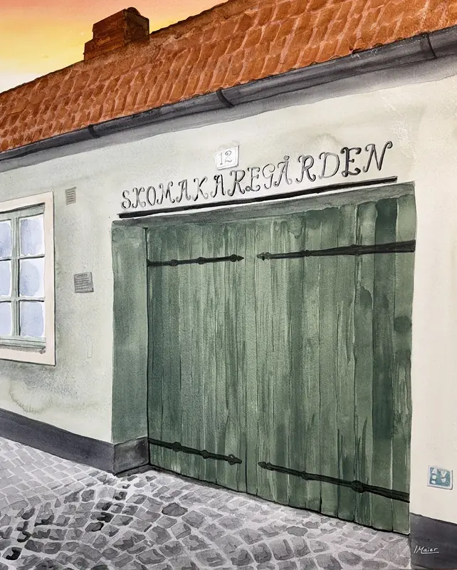 Akvarell Skomakaregården av Ida Maier