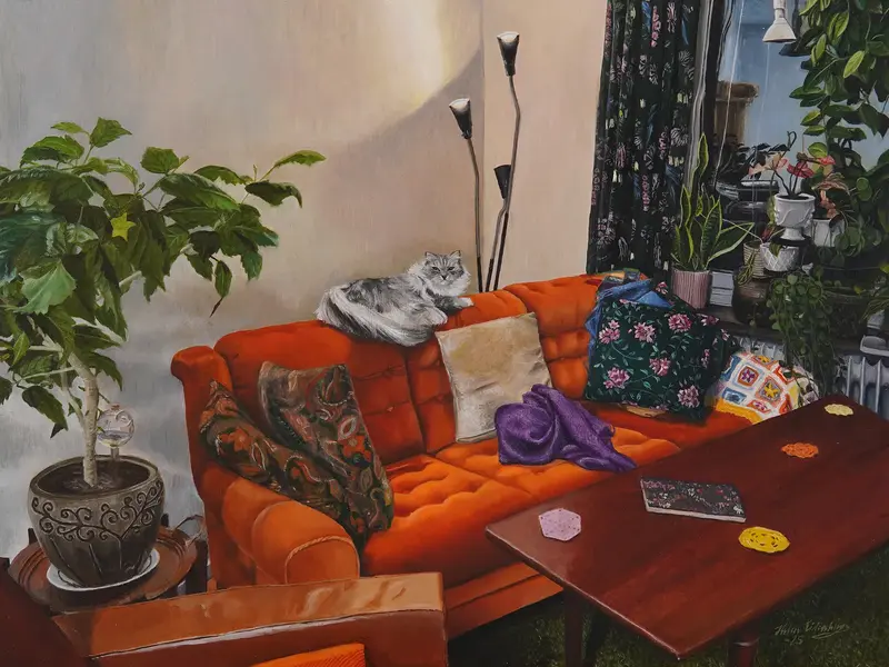 Oljemålning Orange soffa av Helen Eidenberg