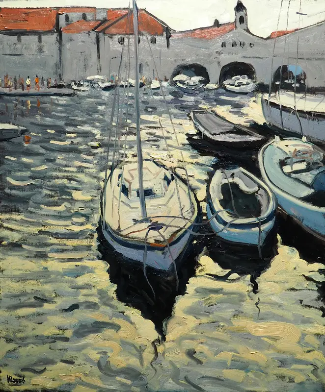 Oljemålning Gamla hamn i Dubrovnik av Yuanyuan Liu